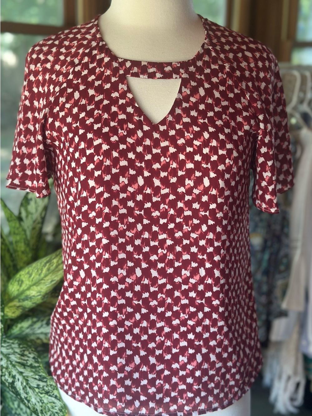 Banana Republic Red and White Printed Keyhole Short Sleeve Top